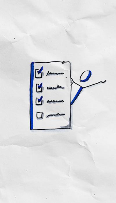 Illustration: Figur mit Checkliste der Unterrichtsthemen